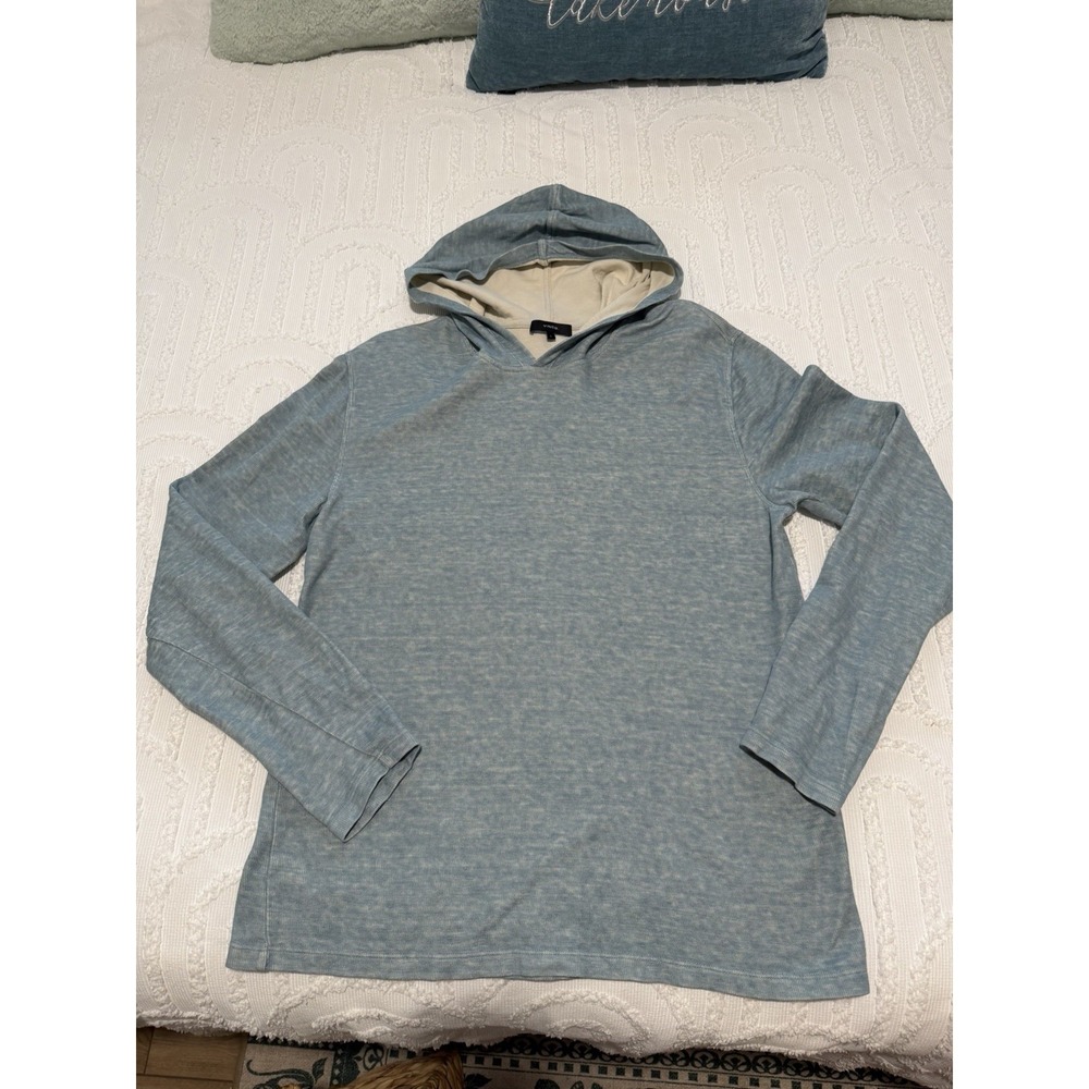 Vince Hooded Thermal Pullover Women Large Blue NWOT Waffle Knit Cotton Linen